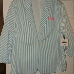 Women's Rafaella Light Blue Striped Sport Coat with Pink Pocket Square